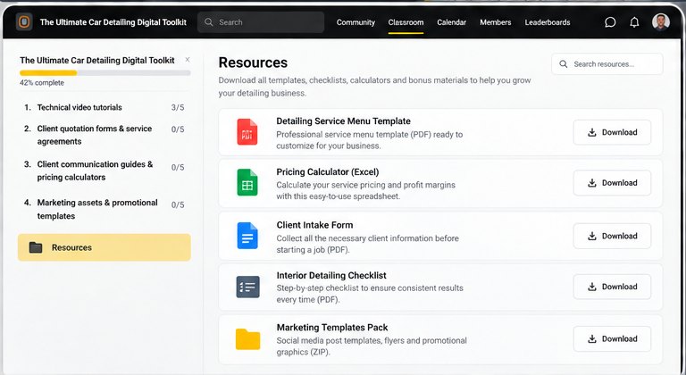 Member area: Resources page with downloadable service menu template, pricing calculator, client intake form, interior checklist and marketing templates pack